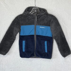 Eddie Bauer Sherpa Fleece Jacket Boys XS 5/6 Blue Gray Full Zip Hood Outdoors